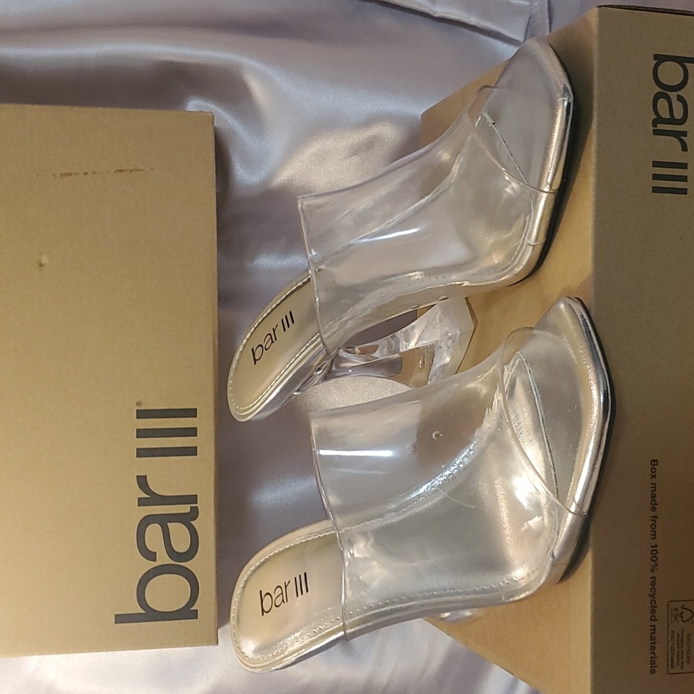 CLEAR VINYL CHERRP ARCHITECTURAL HEEL MULES BY BAR III
